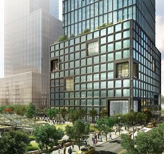 An image rendering of two Hudson Yards glass buildings which is surrounded by trees on a bright sunny day.