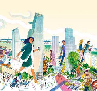 A colorful drawing of Hudson Yards skyscrappers, surrounded with people of all sizes, including some as well of the buildings.