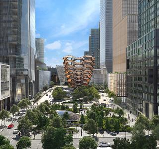 Rendering of Hudson Yards New York, with a park area and trees & the Vessel in the background.