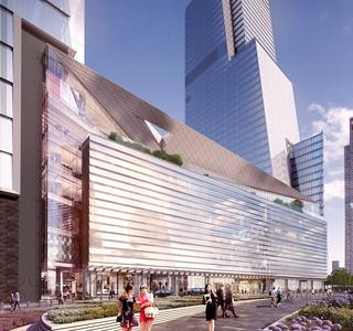 Rendering of a short and wide glass Hudson Yards building along with a tall glass building beside it.