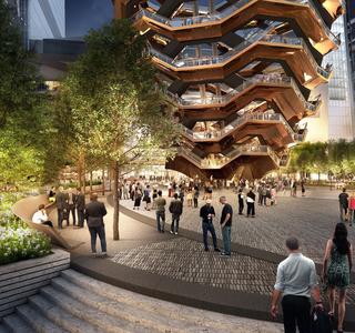 An image rendering of the Hudson Yards honey comb building with trees and people surrounding it.